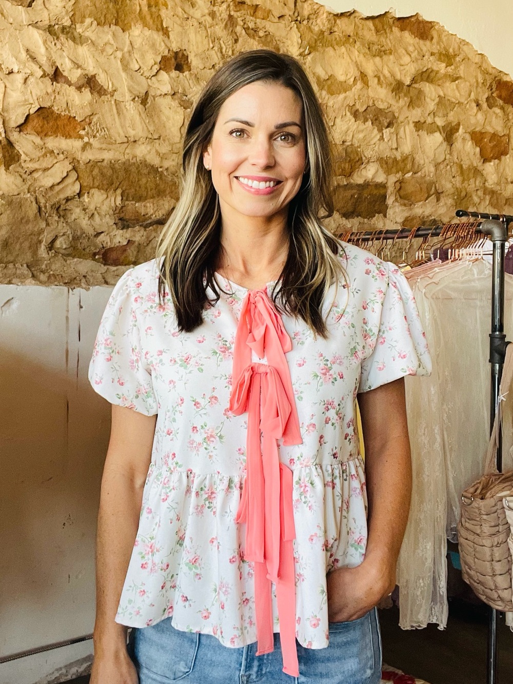 Kori White Floral Tie-Front Peplum Top with Coral Accents